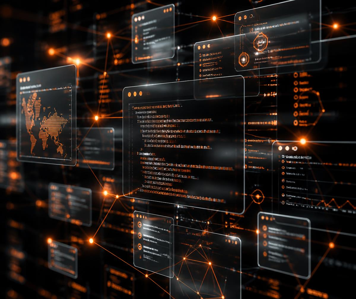 Painéis de software flutuantes conectados por uma rede luminosa laranja